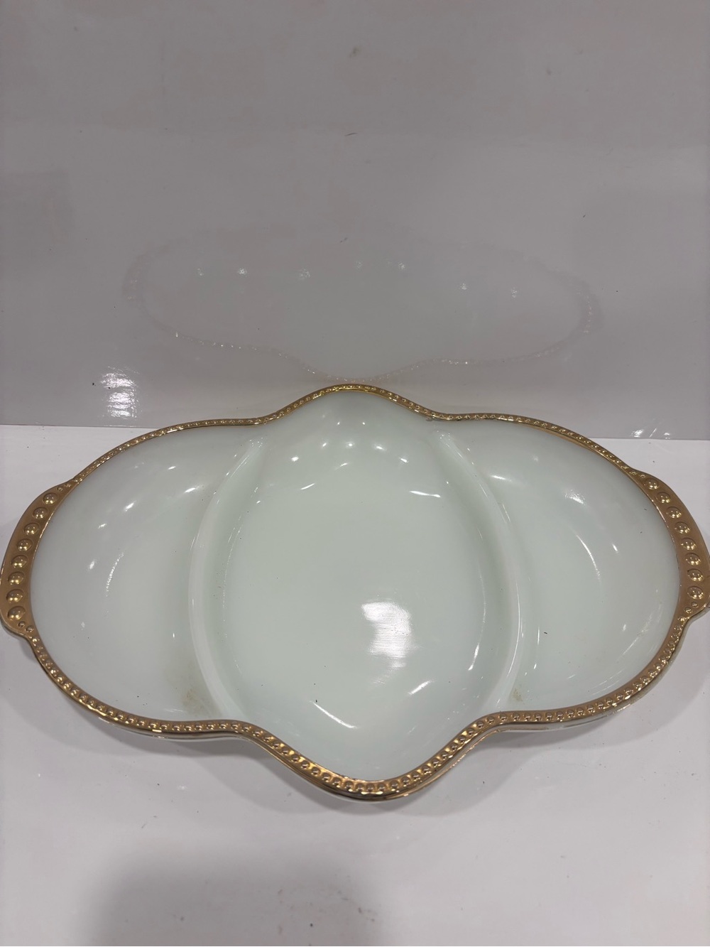 Vintage federal glass milk glass and gold divided tray made in USA relish tray